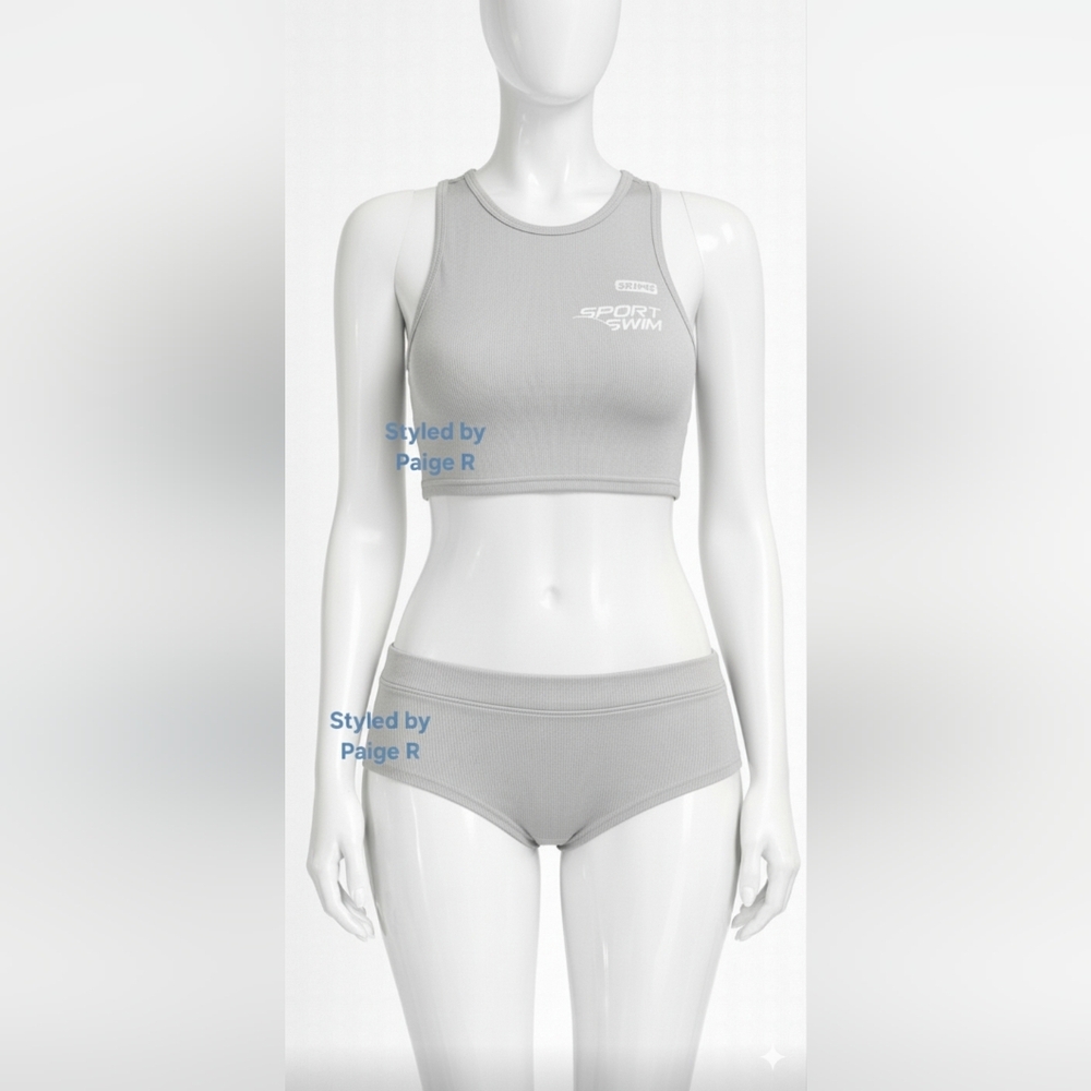 ❤SKIMS Sporty Scuba Wetsuit Swim Top + Hipster Swimsuit 2 Pc Gray Grey CHROME XS